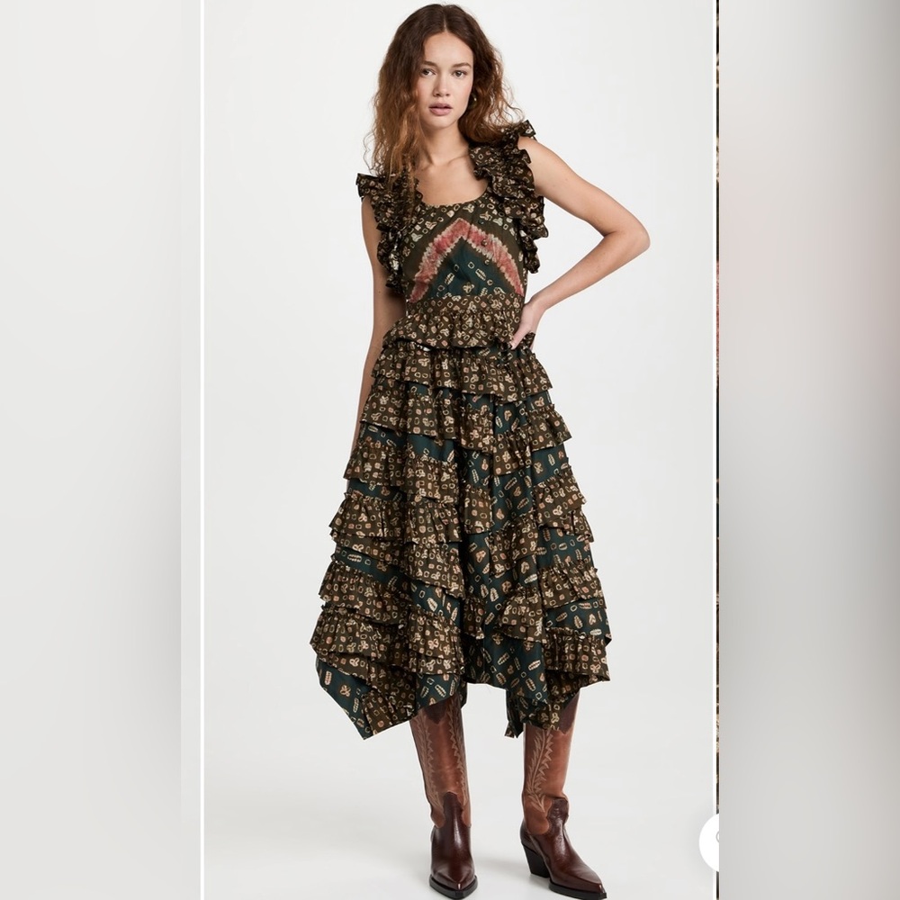 Ulla Johnson Nia Ruffled Tiered Midi Dress Green Jasper Size 2